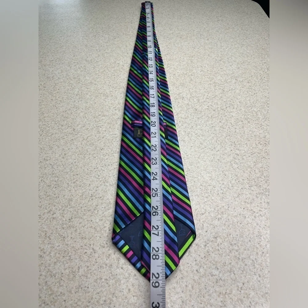 Dion Italian Silk Luxury Tie Purple Green Pink Blue Stripes 58”